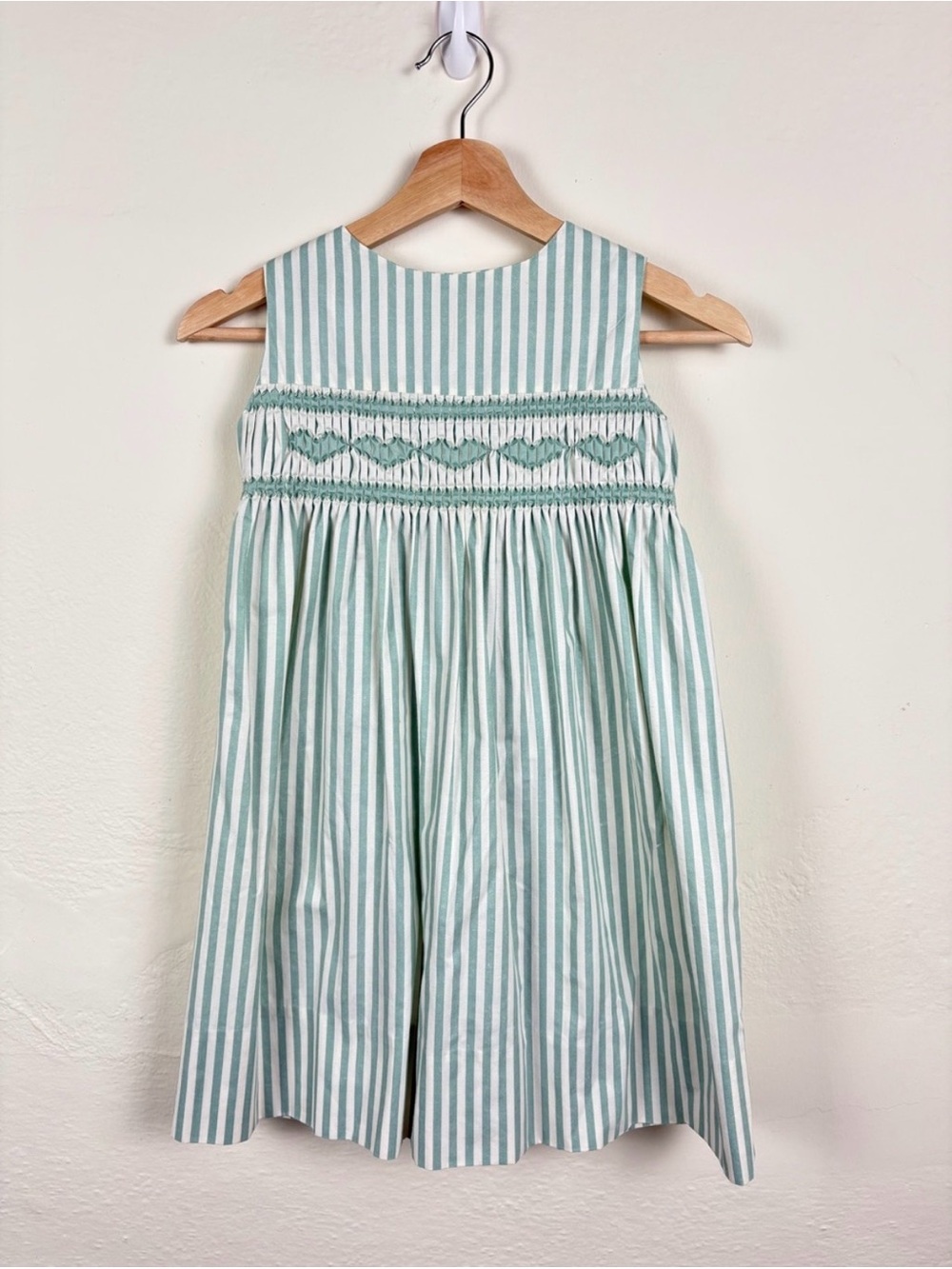 Vintage Heirloom Cottage Girls Smocked Dress Ivory Sage Green Stripe Sleeveless